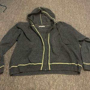 Gray with yellow trim cozy zip up sweater front pockets n hood NWOT